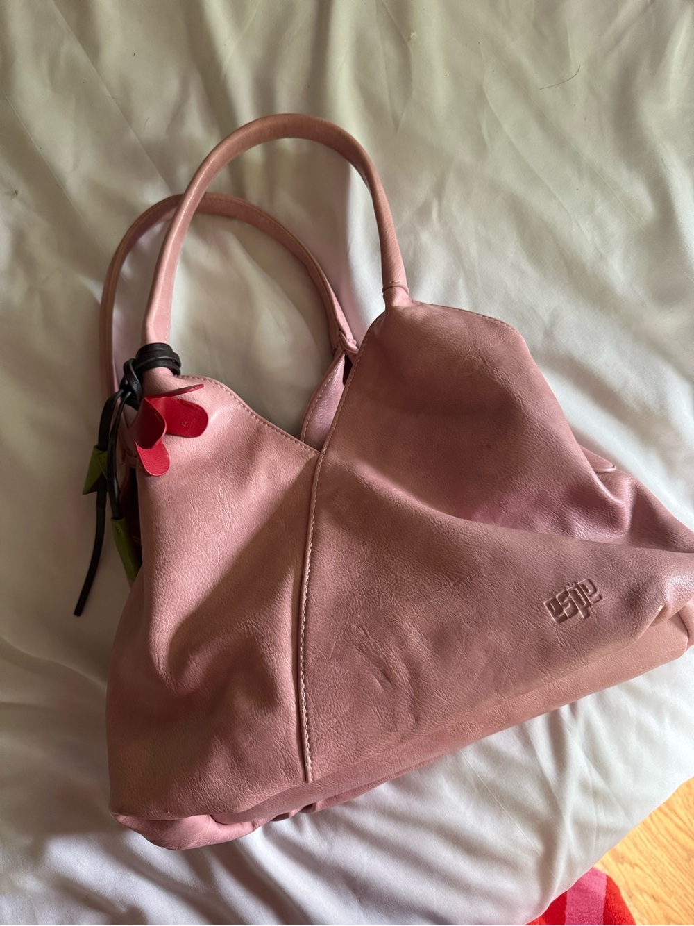 Vintage Espe Soft Pink Flower Real Leather Shoulder Tote
